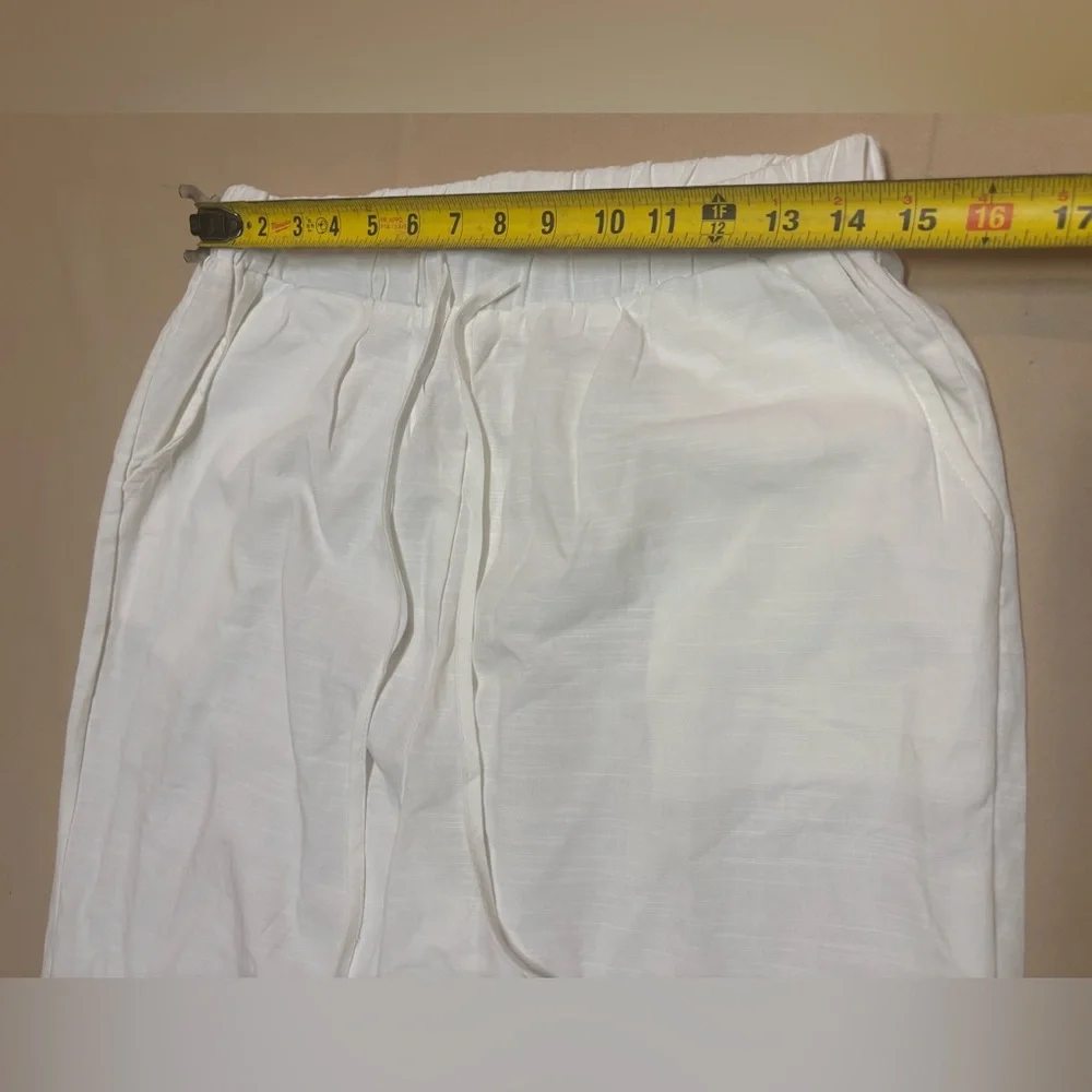 Linen Blend Pants‎ Womens M White Cropped Summer Resort Comfort Capri Drawstring